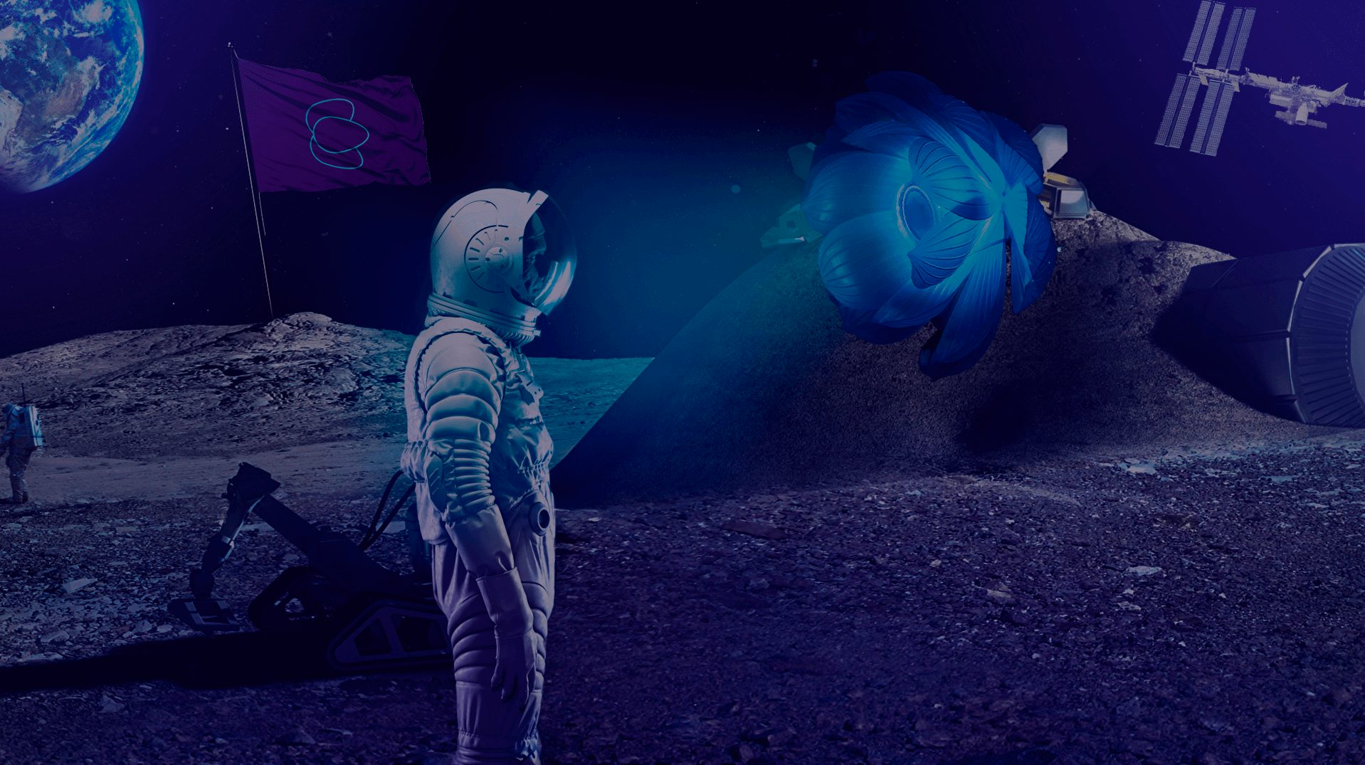 Background de um astronalta na lua com uma flor de lótus alienígena representando a tecnologia inovadora da Evolve Studio